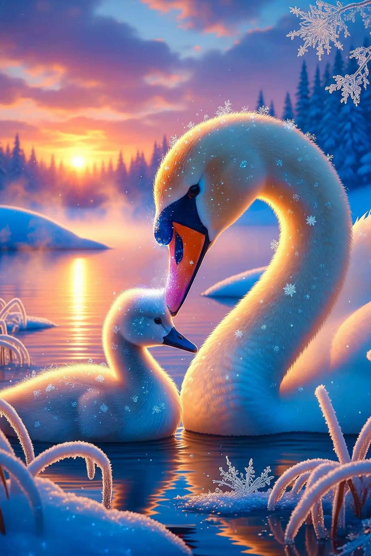 Diamond Painting Set Schwan Familie im Winter: Glitzersteine zeigen ein gefrorenes See-Motiv mit Schnee und Sonnenuntergang.