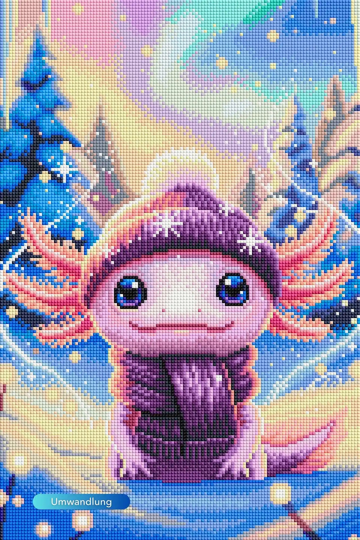 Niedlicher Axolotl im Winter-Outfit als glitzerndes Diamond Painting Set vor winterlichem Waldhintergrund