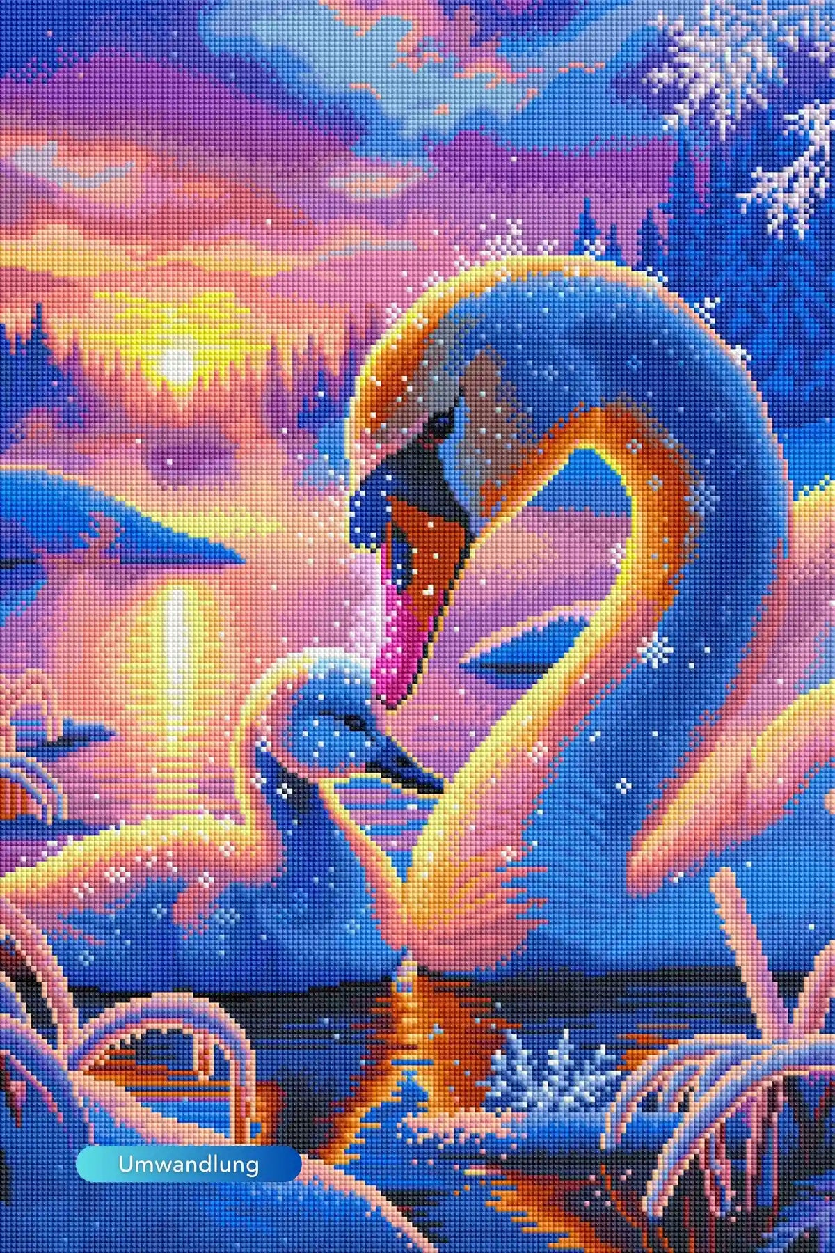 Fertiges Diamond Painting Set mit Schwanenfamilie in einer magischen, glitzernden Winterlandschaft bei Sonnenuntergang.