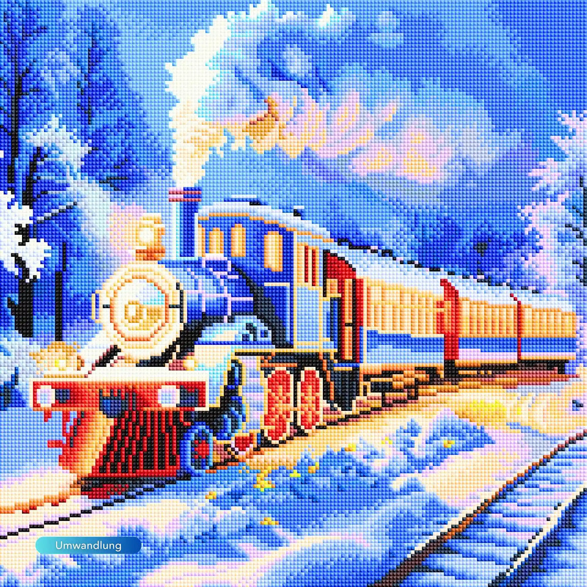 Diamond Painting Set Night Train im verschneiten Winterwald mit leuchtenden Glitzersteinen als stimmungsvolles Motiv