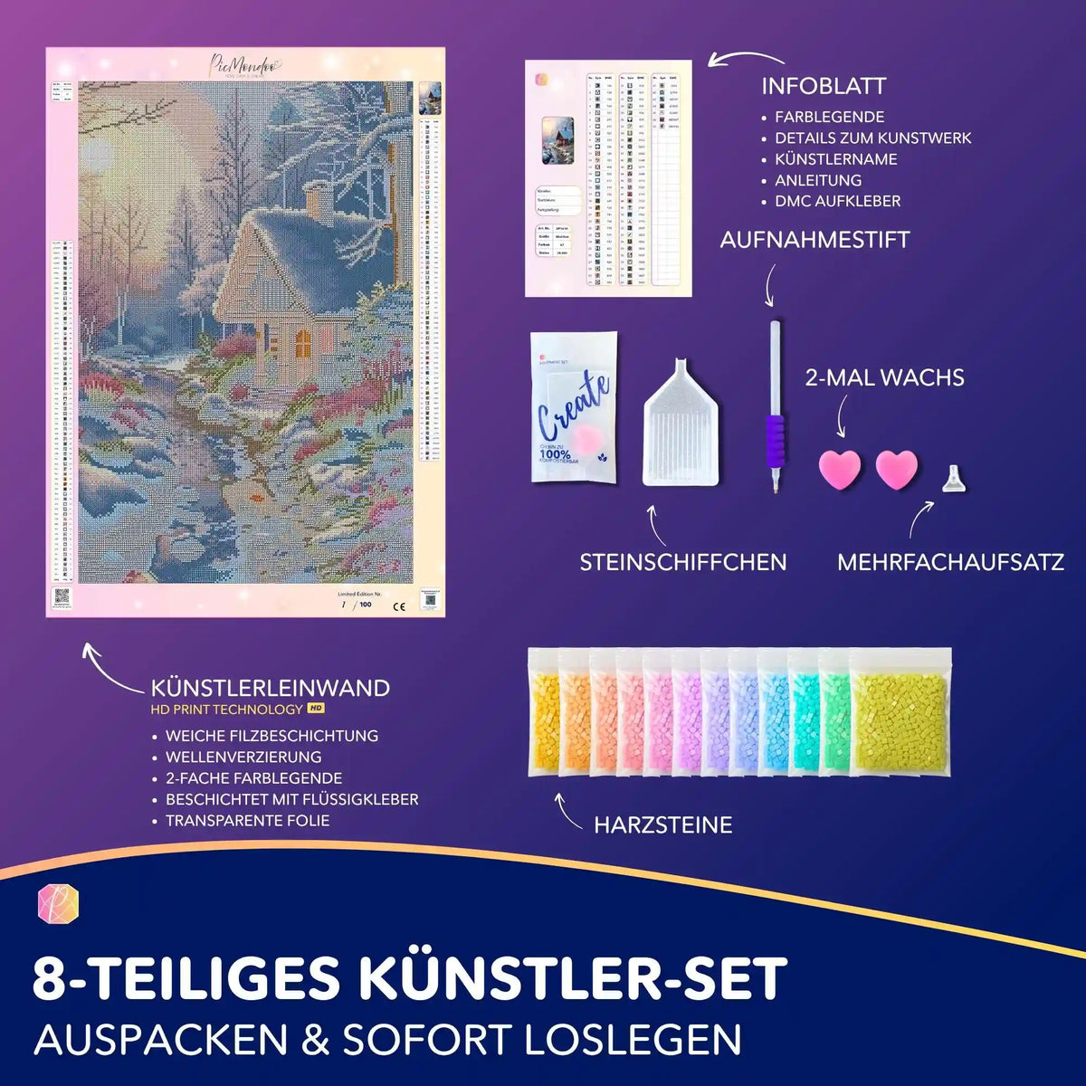 Diamond Painting Set Wintermorgen mit Leinwand, bunten Harzsteinen und Zubehör für malerische Winterlandschaften