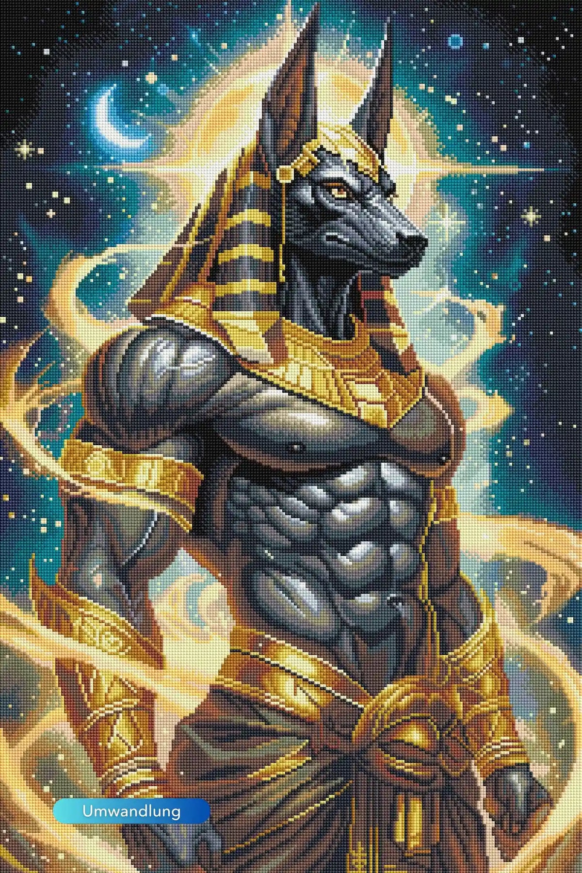 Diamond Painting Set Anubis Gott in ägyptischer Mythologie vor nächtlichem Sternenhimmel mit glänzenden Details