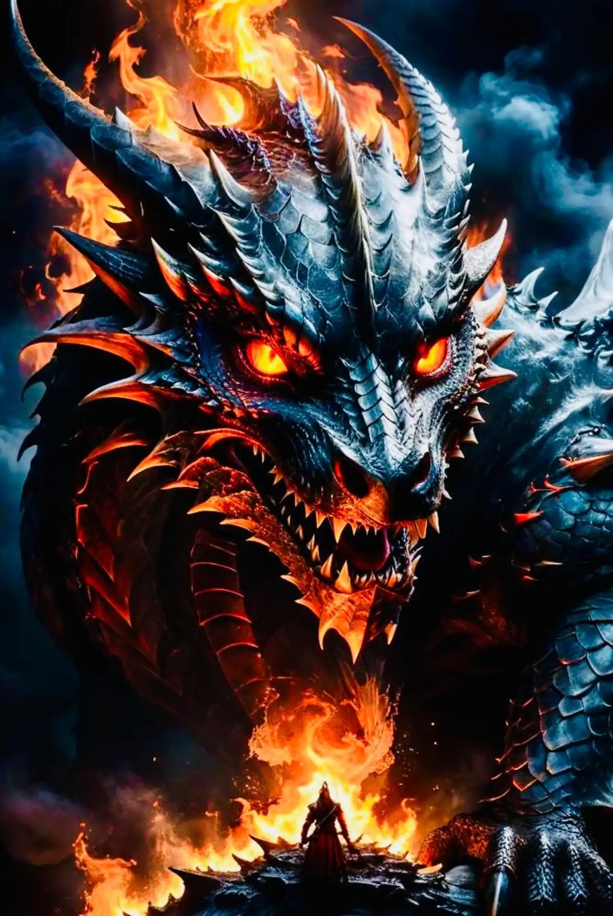 Diamond Painting Set mit einem mächtigen Drachen, der Feuer speit und glühende Augen hat, im Fantasy-Stil.