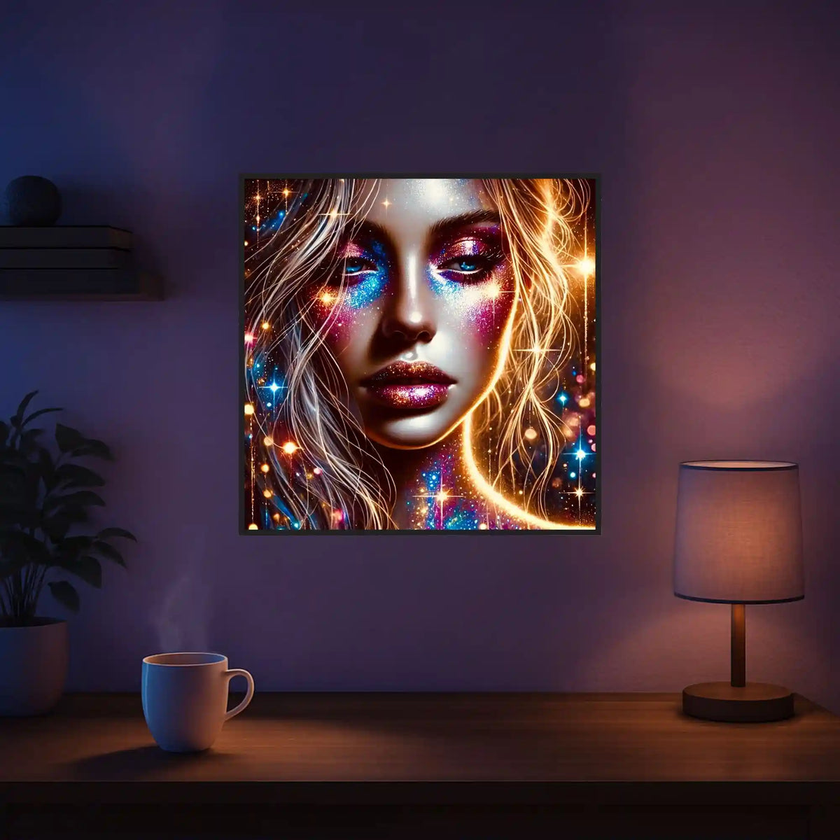 Diamond Painting Set Elara: Buntes Fantasy-Porträt einer Frau mit glitzernden Lichtreflexen und goldenen Haaren.