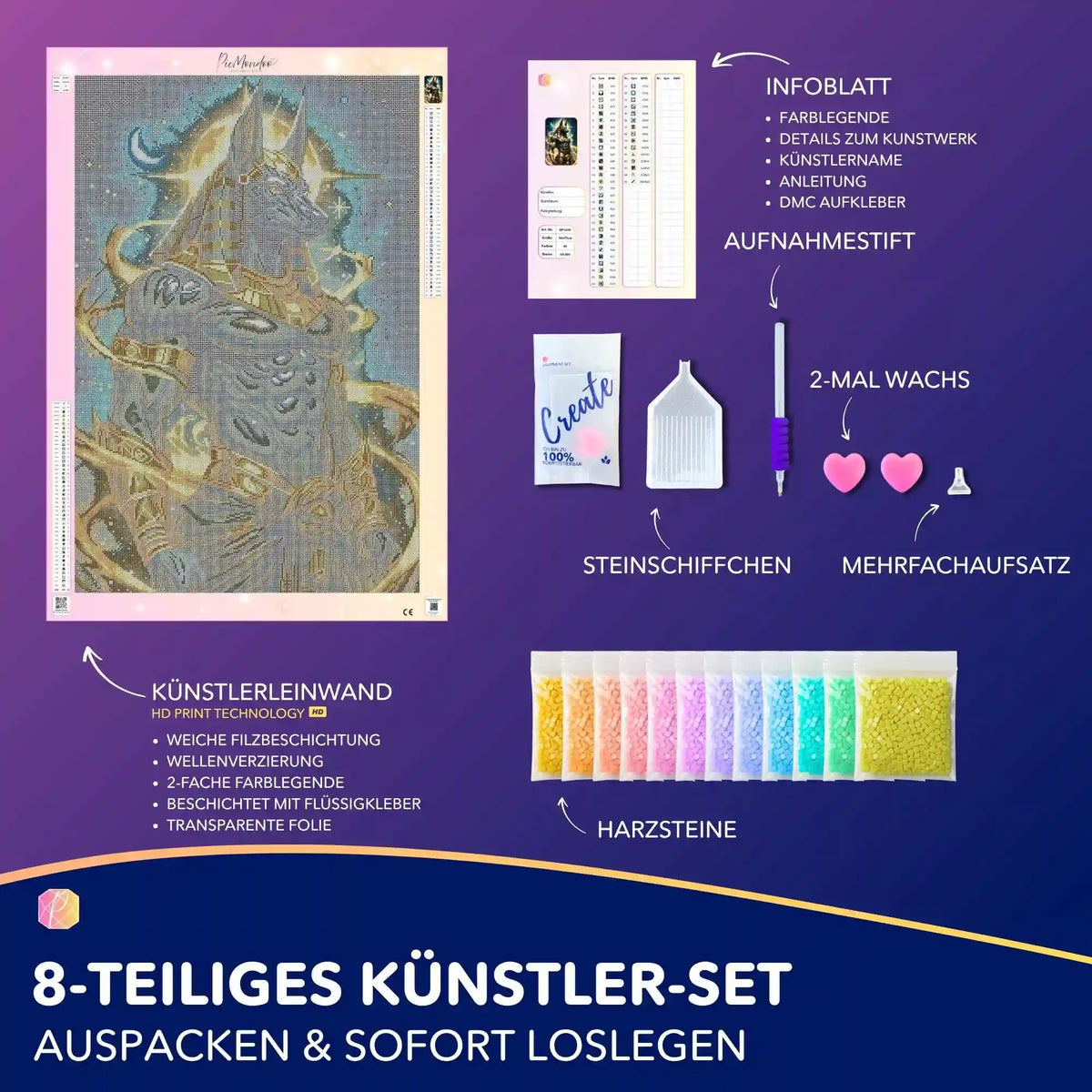 Diamond Painting Set Anubis mit ägyptischem Gott-Motiv, Zubehör, bunten Harzsteinen und Leinwand für DIY-Kunst-Fans.
