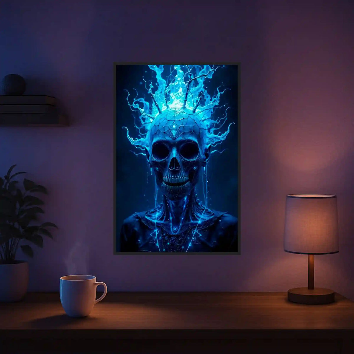 Fertiges Diamond Painting Totenkopf mit blauen mystischen Flammen im dunklen Fantasy-Design für Erwachsene.