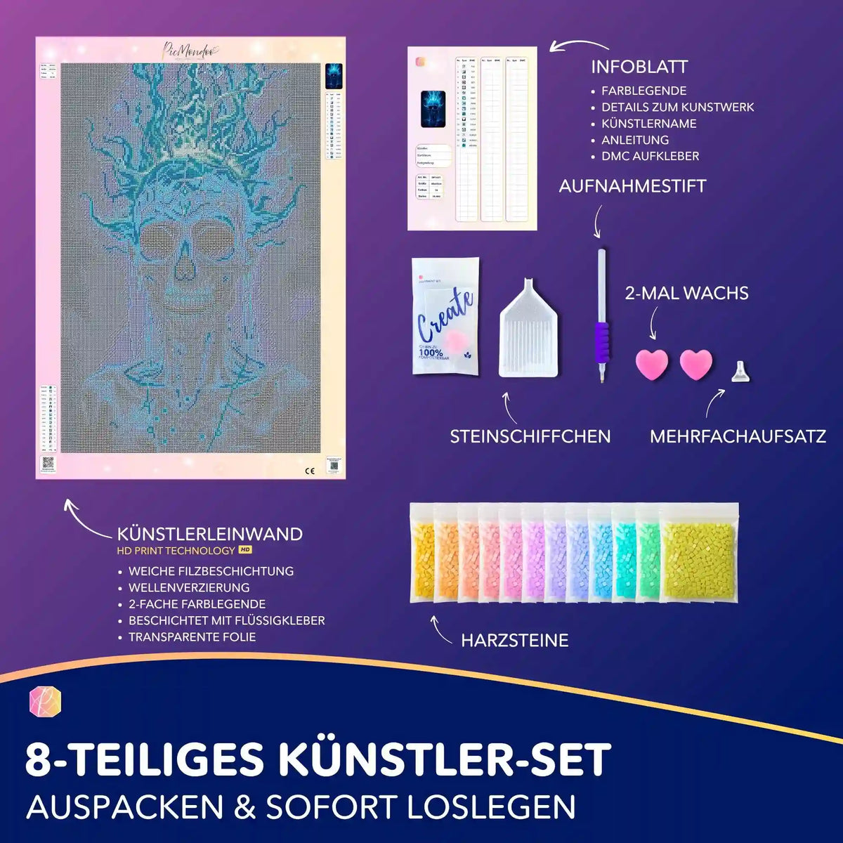 Picmondoo Diamond Painting Set Skull mit mystischem Totenkopf-Motiv, Glitzersteinen, Leinwand und komplettem DIY-Zubehör.