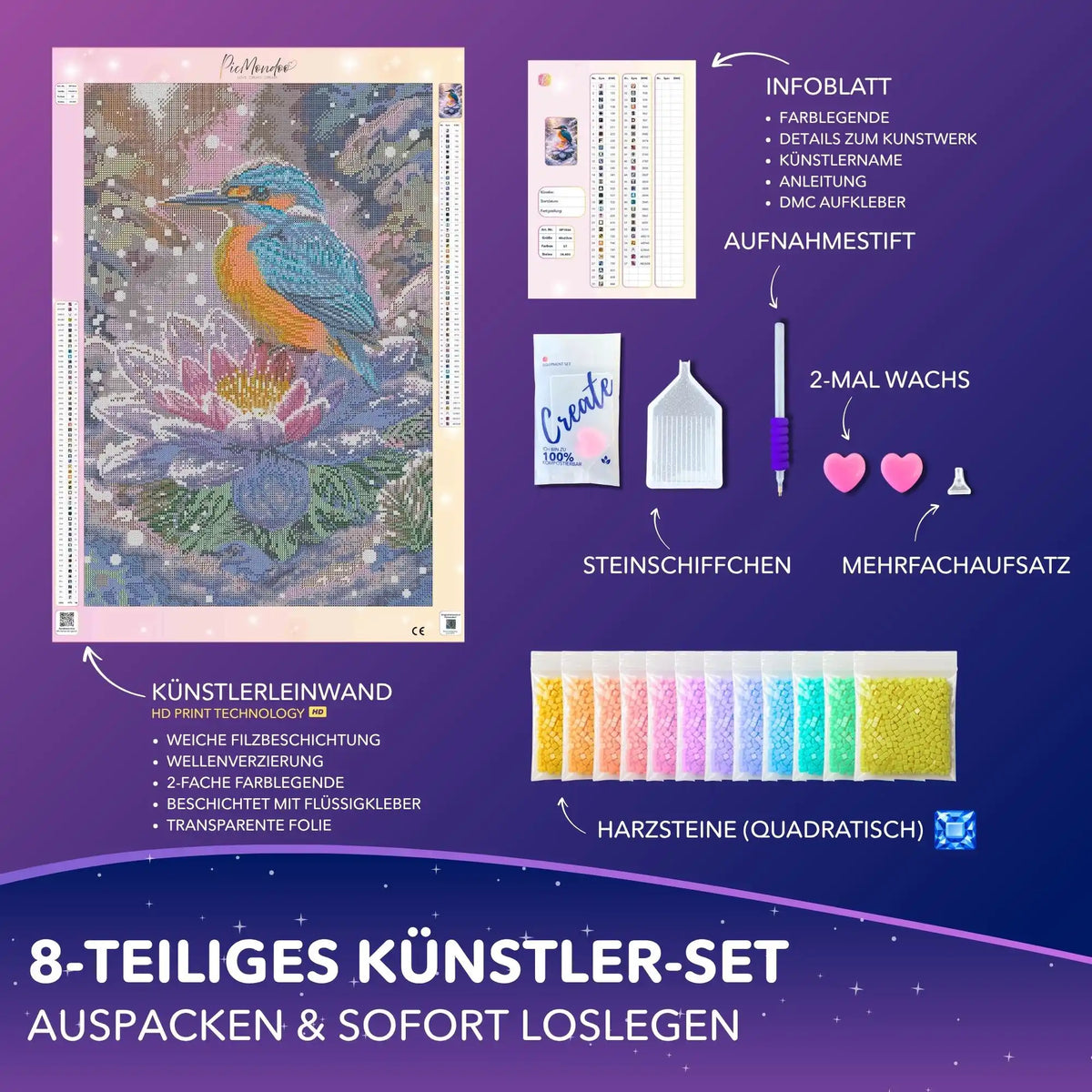 Diamond Painting Set Eisvogel im Winter: Künstler-Leinwand, Zubehör und bunte eckige Steine