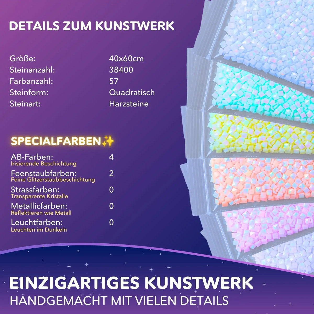Details zum Diamond Painting: Bunte quadratische Glitzersteine, AB-Farben und Feenstaub-Steine im Überblick.