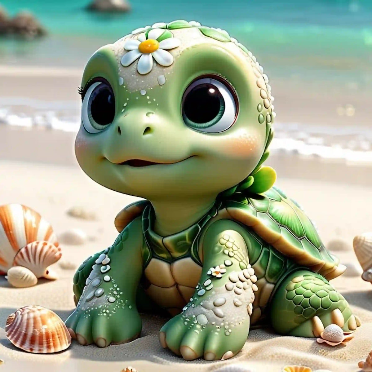 Diamond Painting Set Sunny Schildi: Süße Babyschildkröte mit kleiner Blume am Strand vor blauem Meer.