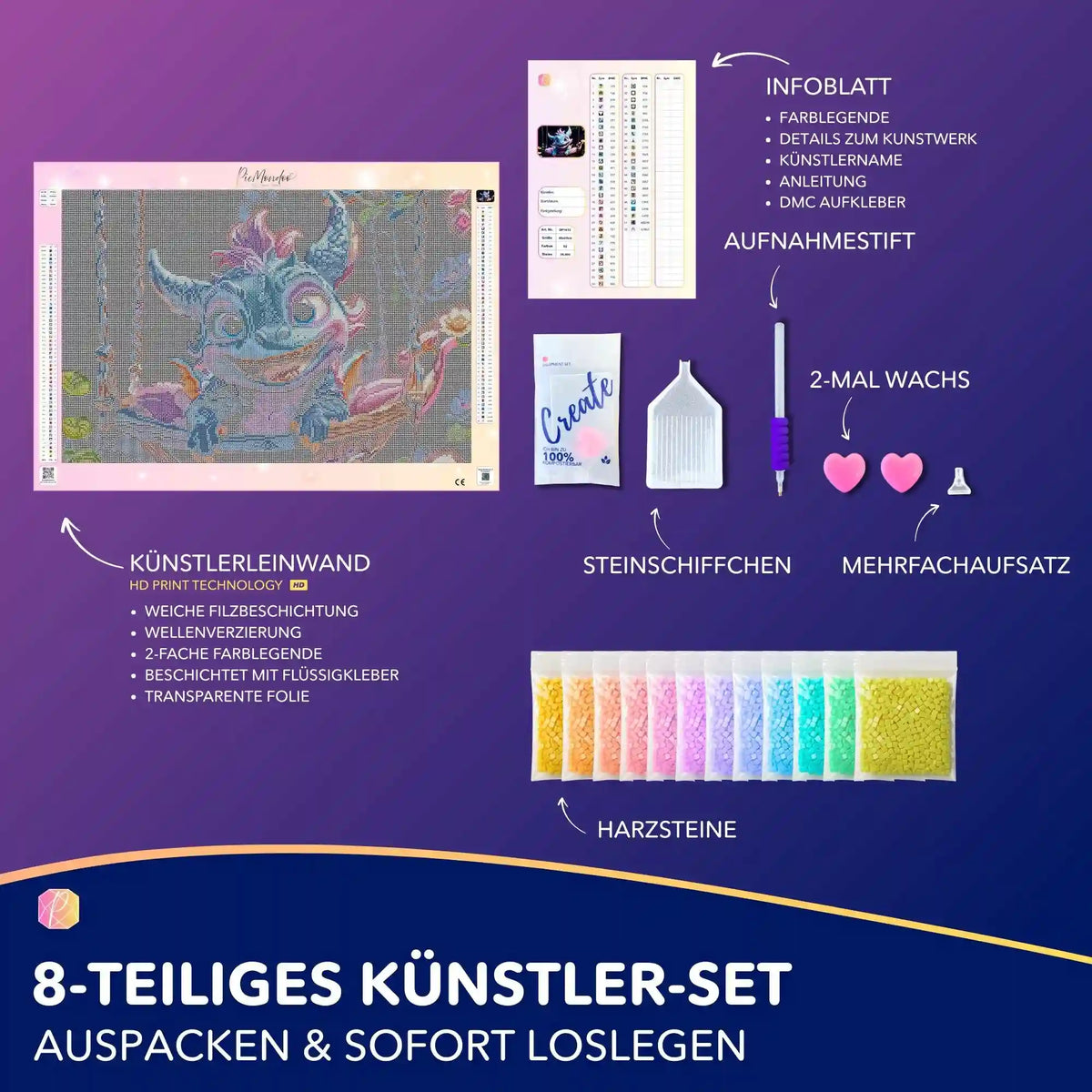 Diamond Painting Set Blue Flatter Dragon mit Leinwand, bunten Harzsteinen und Zubehör für fantasievolles DIY-Basteln