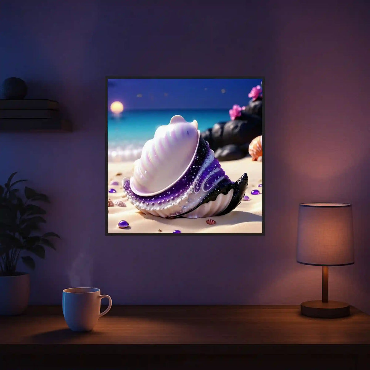 Diamond Painting Set Muschel Violett: Dekoratives Wandbild einer glitzernden Muschel am Traumstrand bei Sonnenuntergang.