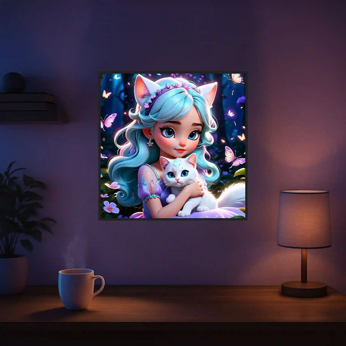 Diamond Painting Set Kim Kitty Girl: Mädchen mit blauen Haaren und weißer Katze im märchenhaften Fantasy-Design