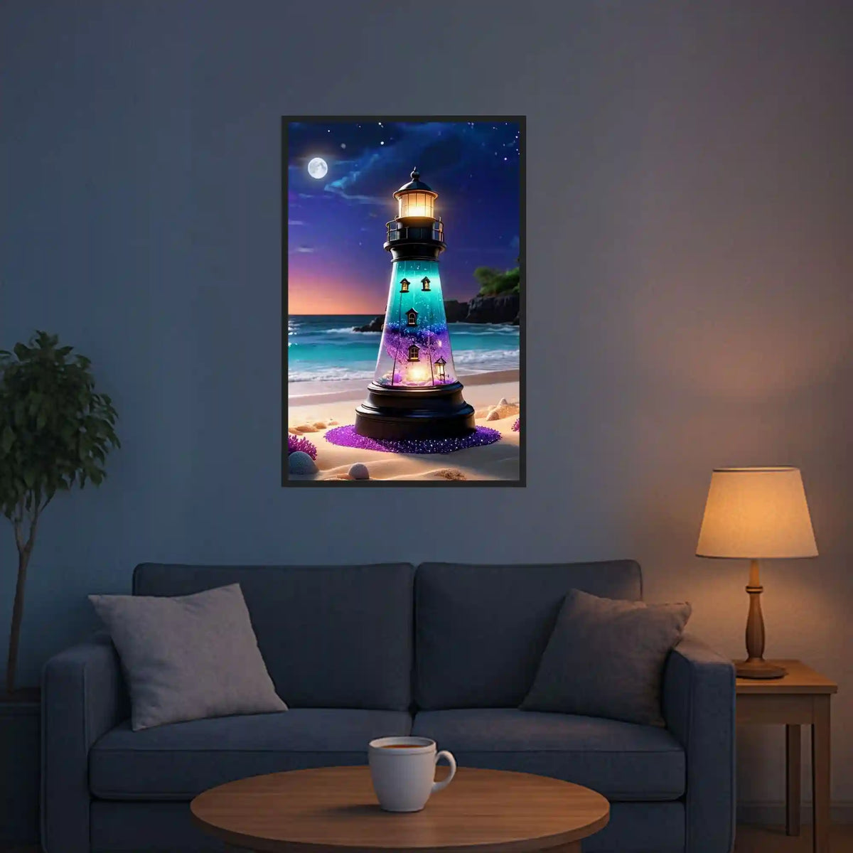 Diamond Painting Set Leuchtturm der Träume mit glitzerndem Meer bei Vollmond und beleuchtetem Strand-Motiv