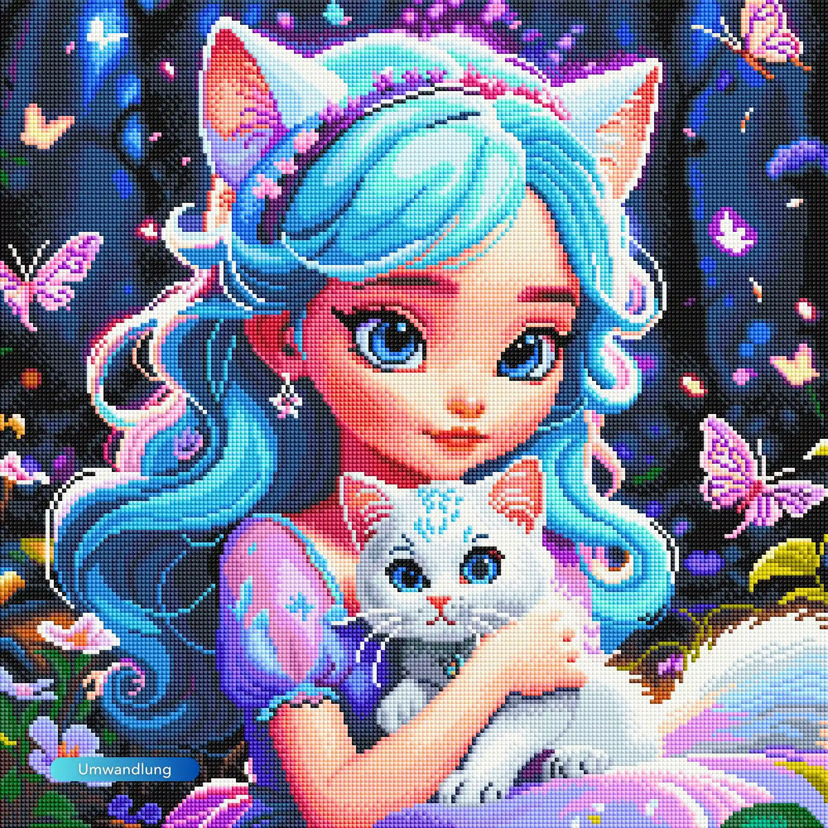 Diamond Painting Set Kim Kitty Girl mit blauhaarigem Mädchen, weißem Kätzchen, Blüten und Schmetterlingen im Fantasy-Stil