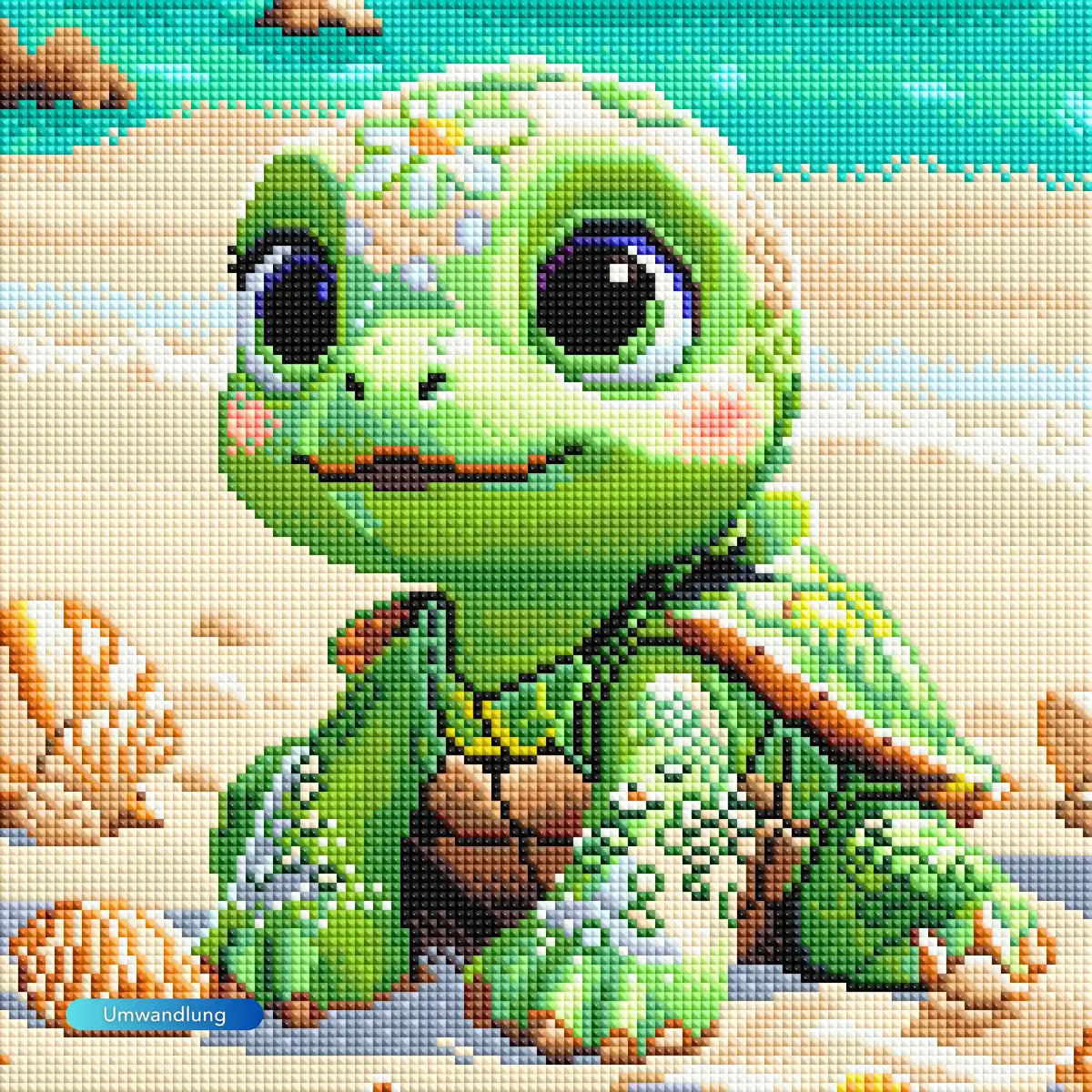 Diamond Painting Set Sunny Schildi: Süße Babyschildkröte mit Blumen am Strand, glitzernde Steinchen, meeresfarbenes Motiv.