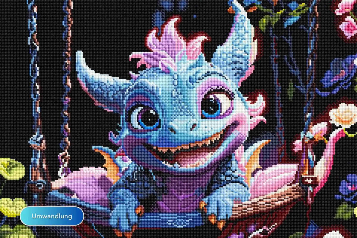 Diamond Painting Set eines süßen Baby-Drachen auf einer Schaukel mit bunten Blumen im Fantasy-Stil.