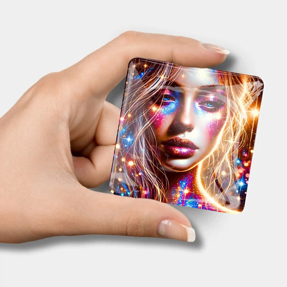 Quadratischer Diamond Painting Cover Minder Elara mit funkelndem Frauen-Motiv in Hand gehalten