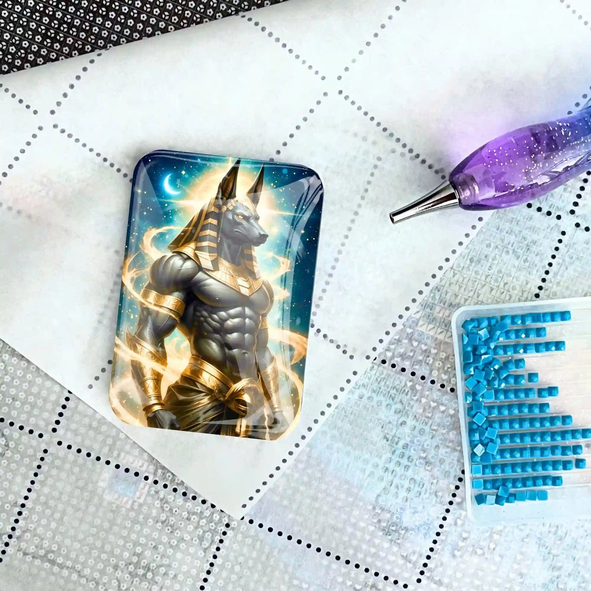 Anubis Cover Minder aus Glas auf Diamond Painting Leinwand mit Glitzersteinen und Stift für DIY-Bastelsets