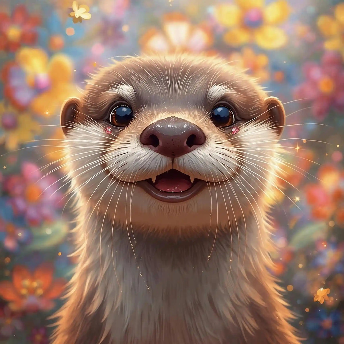 Diamond Painting Set mit süßem Otter als Motiv umgeben von bunten Blumen und funkelnden Lichteffekten