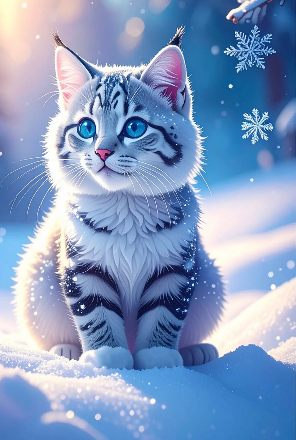 Diamond Painting Schneegeist: Süße gestreifte Katze mit blauen Augen in verschneiter Winterlandschaft mit Schneekristallen