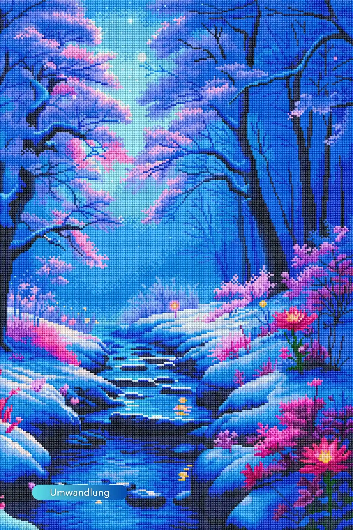 Diamond Painting Fluss der Träume mit magischem Winterwald, blauem Bach und rosa Blüten in einer verschneiten Landschaft.