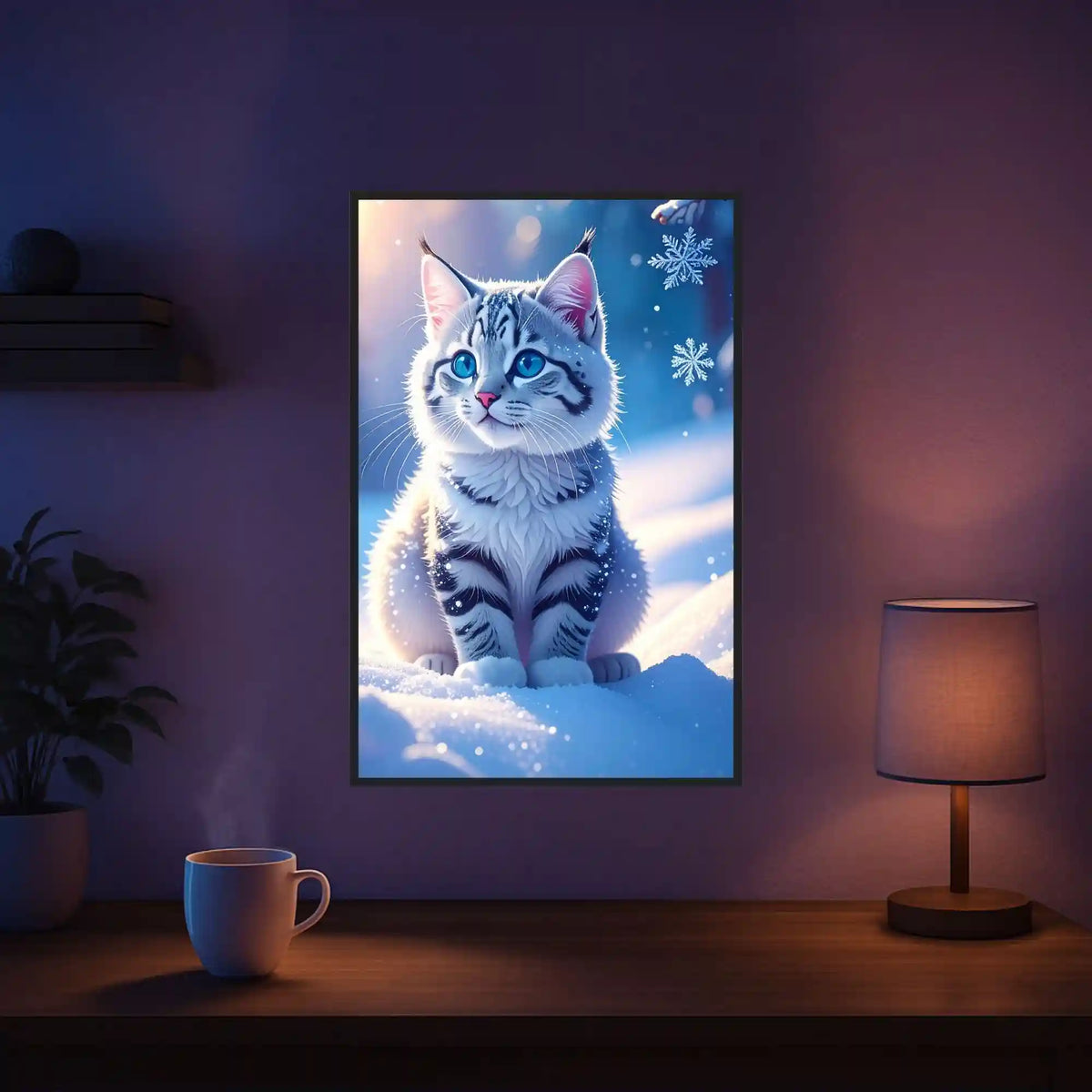 Diamond Painting Set Schneegeist: Süße gestreifte Katze vor verschneiter Winterlandschaft mit Schneeflocken.