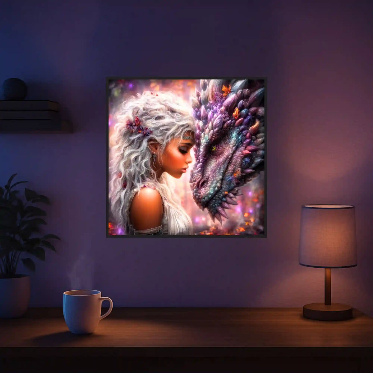Diamond Painting Set Seelenbund: Fantasy-Motiv einer Frau mit langem hellem Haar und einem mystischen Drachen.