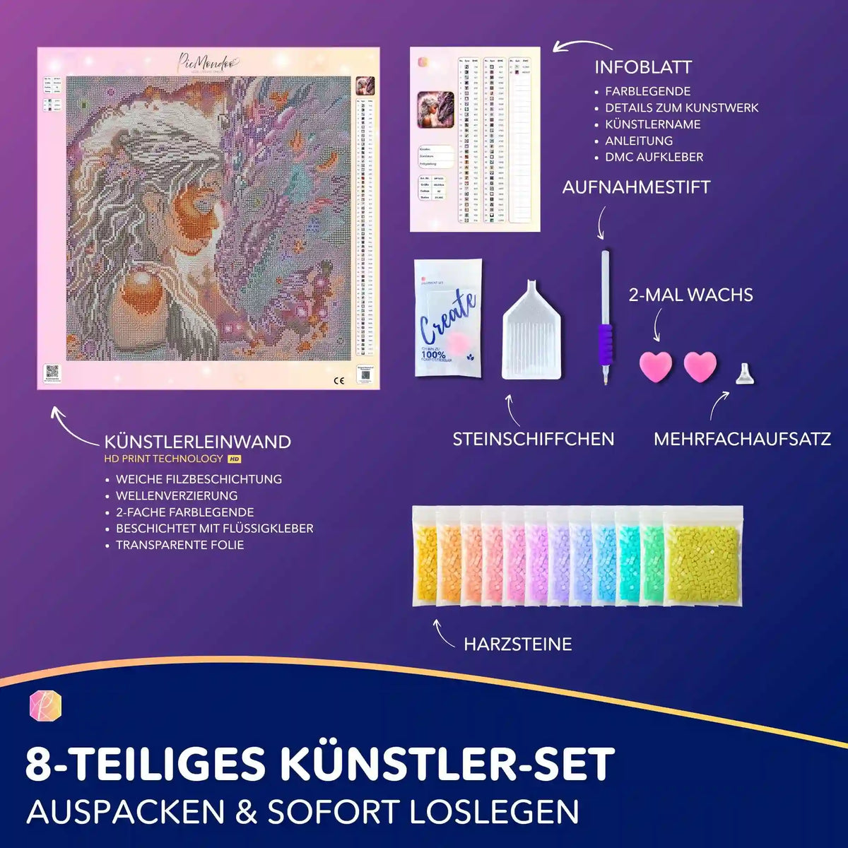 Diamond Painting Set Seelenbund: Komplettes Bastelset mit Fantasy-Leinwand, Harzsteinen und Zubehör für Erwachsene.