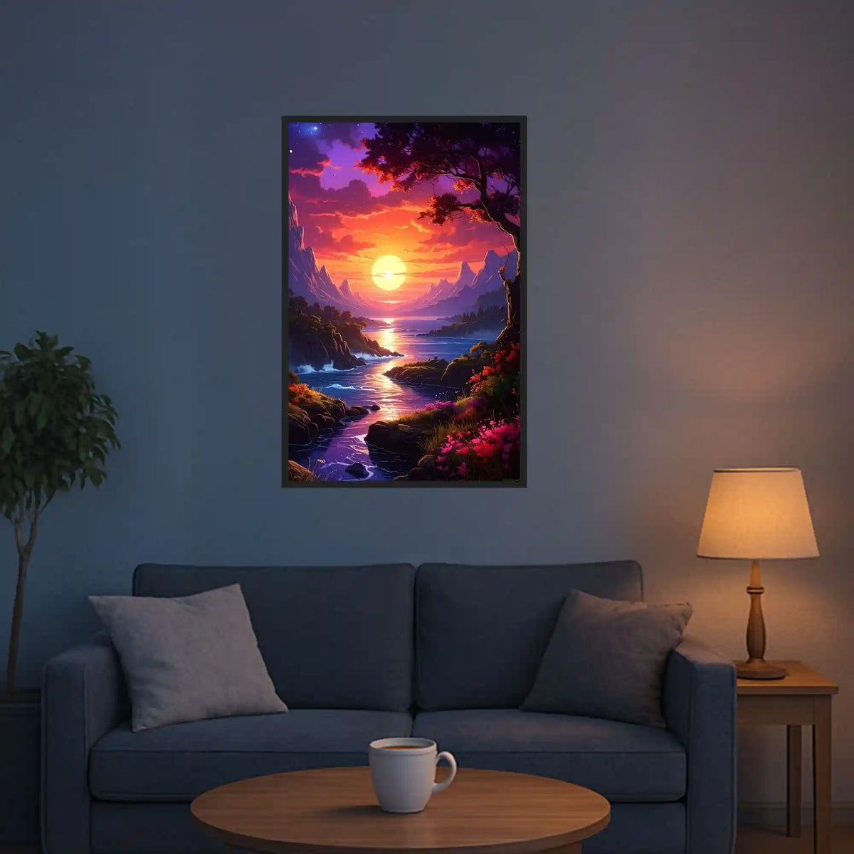 Diamond Painting Set Melodie des Lichts mit magischer Berglandschaft bei Sonnenuntergang über einem glitzernden Fluss