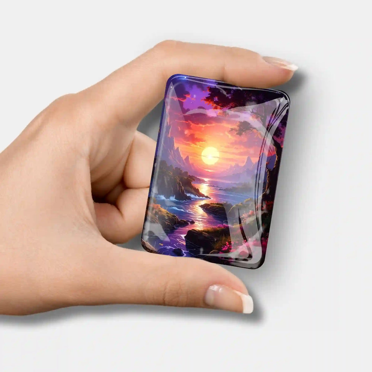 Magischer Cover Minder für Diamond Painting mit Sonnenuntergang-Motiv, als praktischer Magnet-Halter für Canvas-Folien.