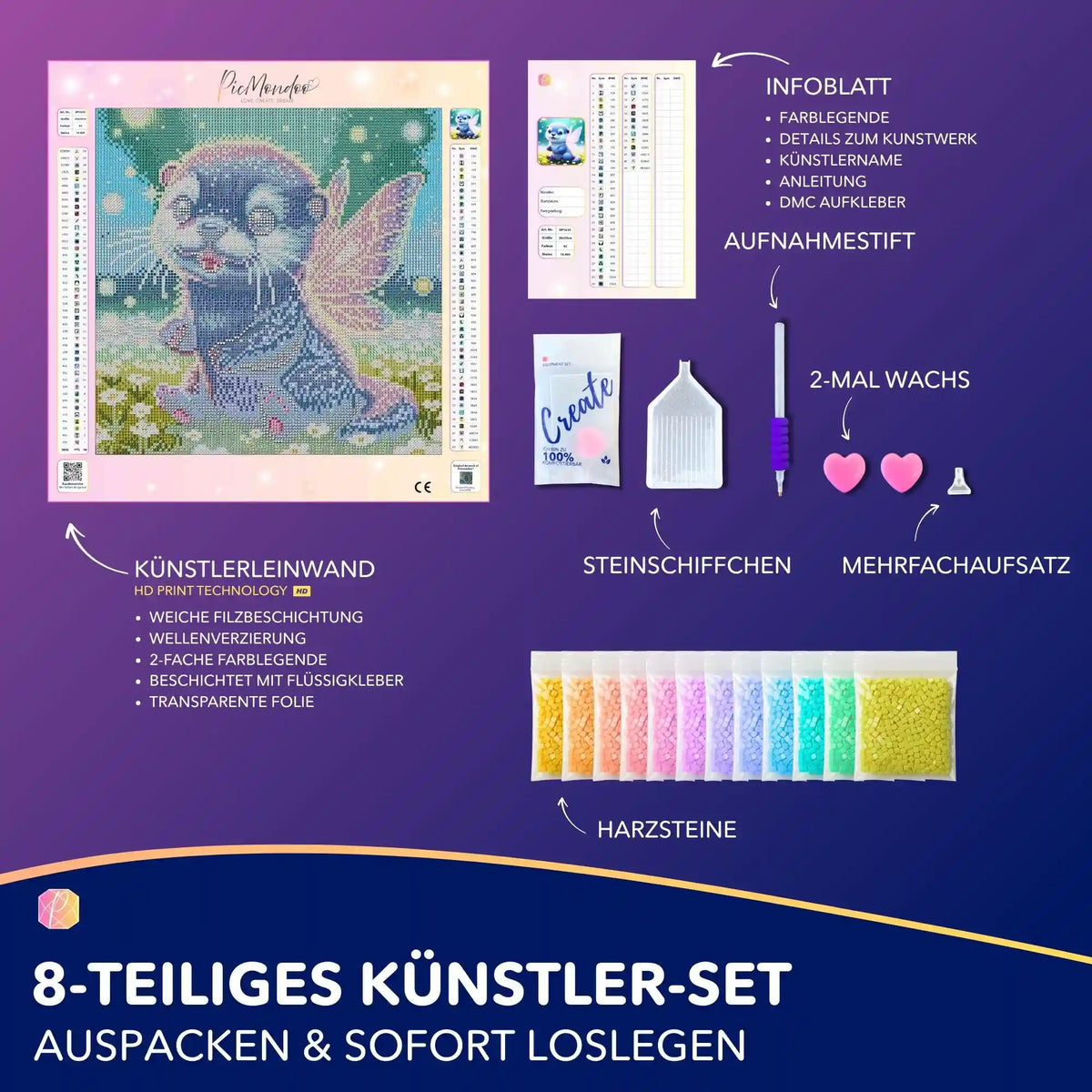Diamond Painting Set Feenotter Mira mit Leinwand, bunten Harzsteinen und Zubehör wie Stift, Schiffchen und Wachs.
