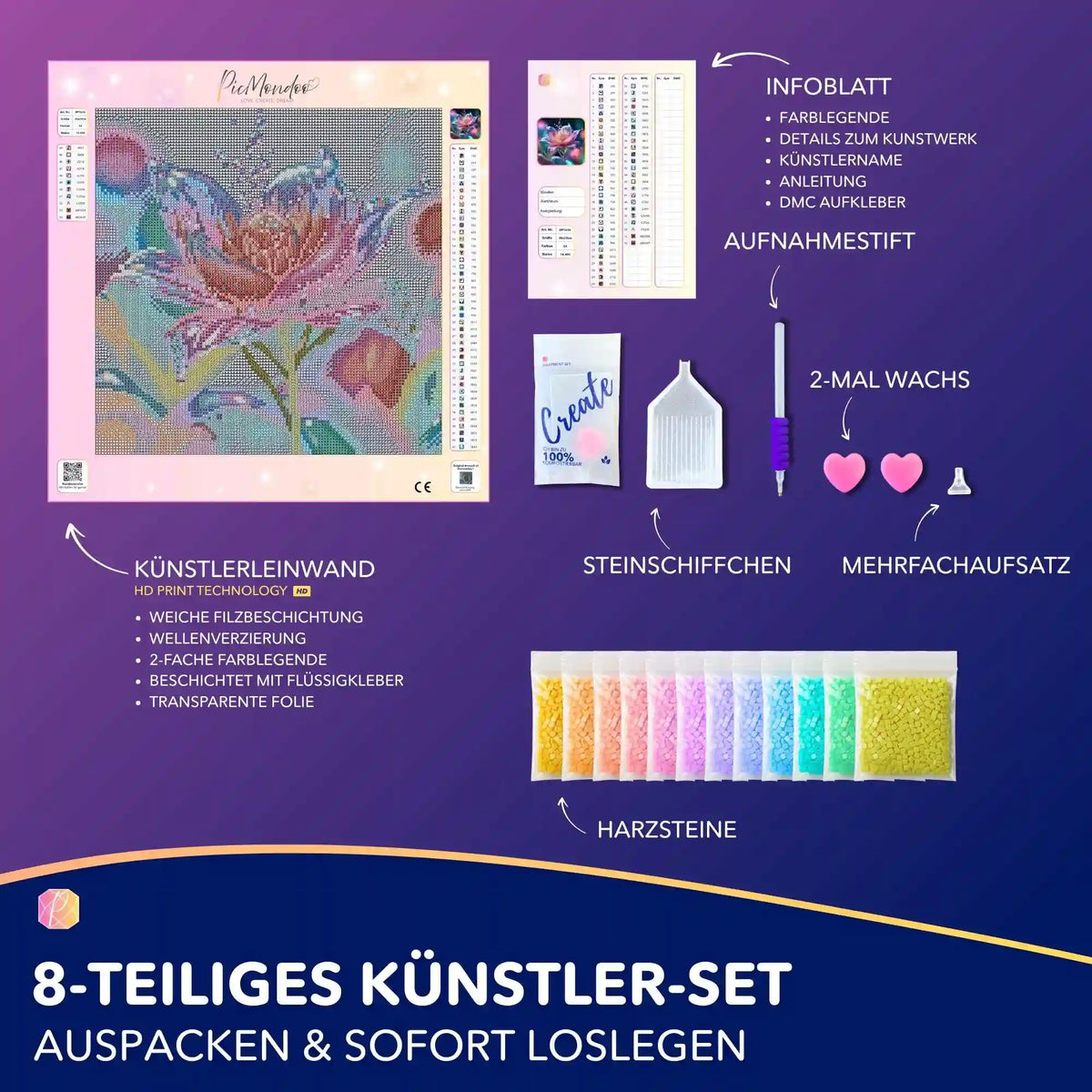 Diamond Painting Set Sternentau mit Leinwand, bunten Harzsteinen und Zubehör für ein florales Blumenmotiv.