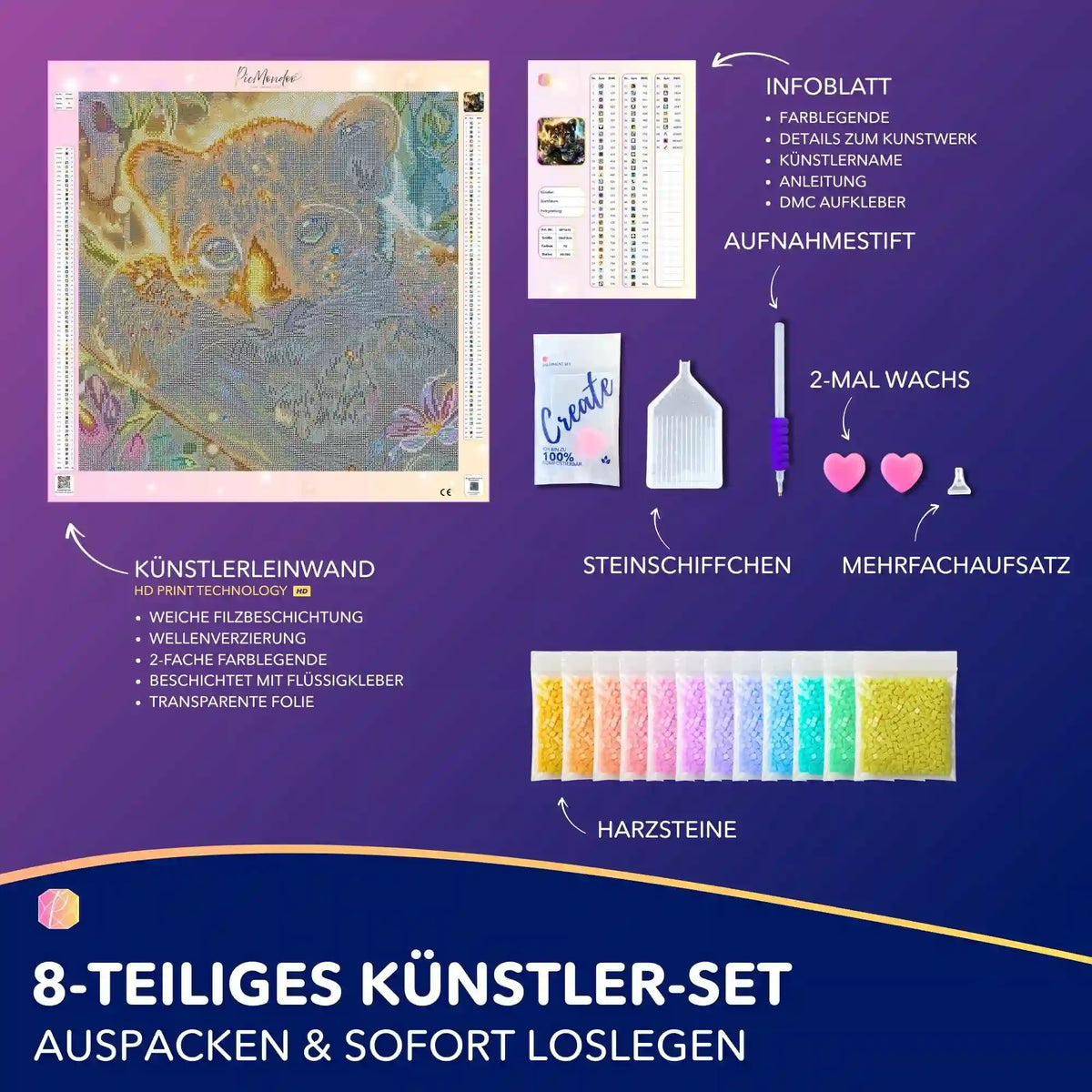 Diamond Painting Set Sonnenfunke mit niedlichem Leoparden, Leinwand, bunten Harzsteinen und komplettem DIY-Zubehör