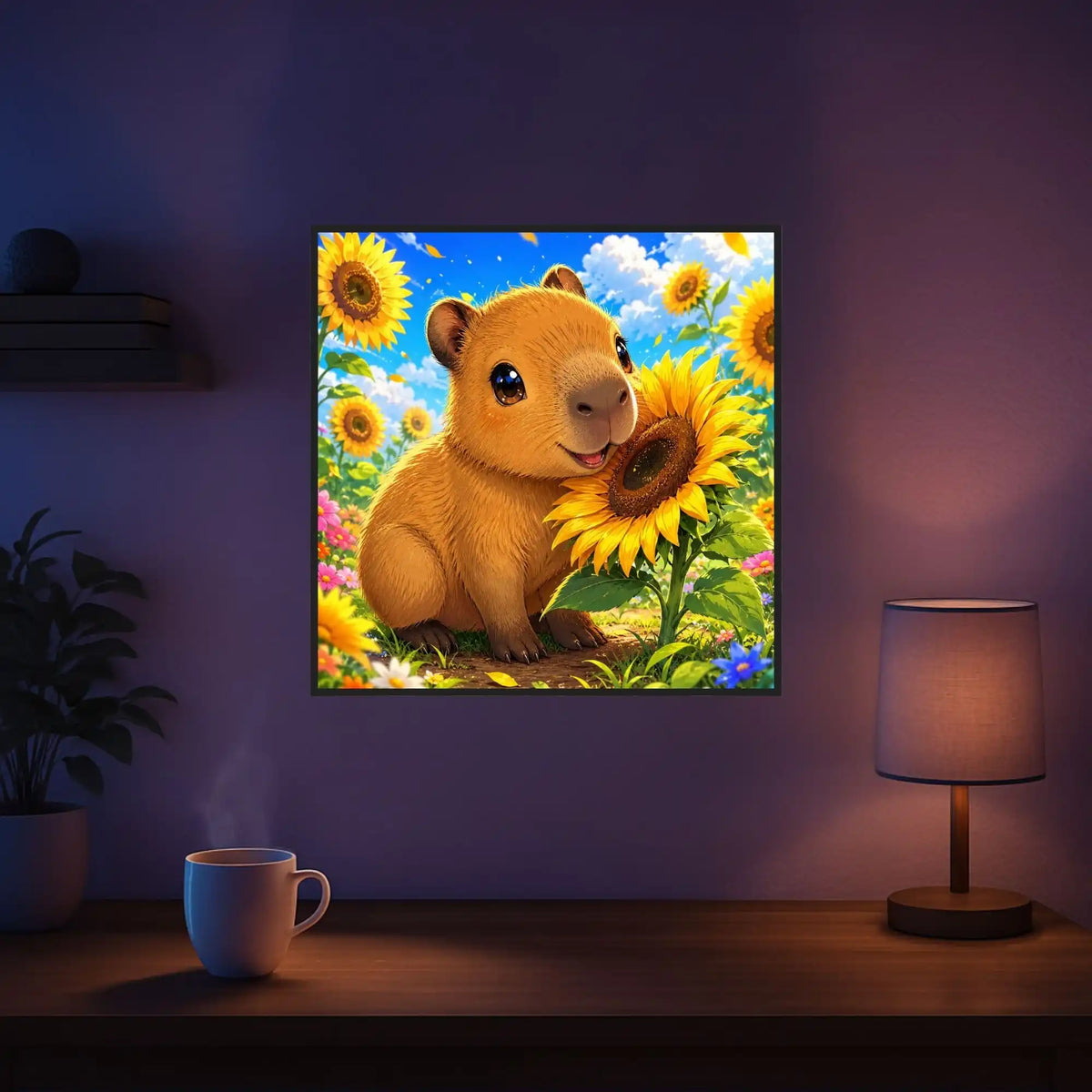 Diamond Painting Capybara-Baby mit Sonnenblume in bunter Blumenwiese, an lila Wand über Holzregal mit Lampe und Tasse