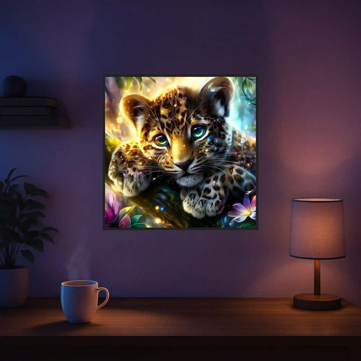 Diamond Painting Set Sonnenfunke mit süßem Baby-Leopard, bunten Blumen und glitzerndem Sonnenlicht an einer Wand