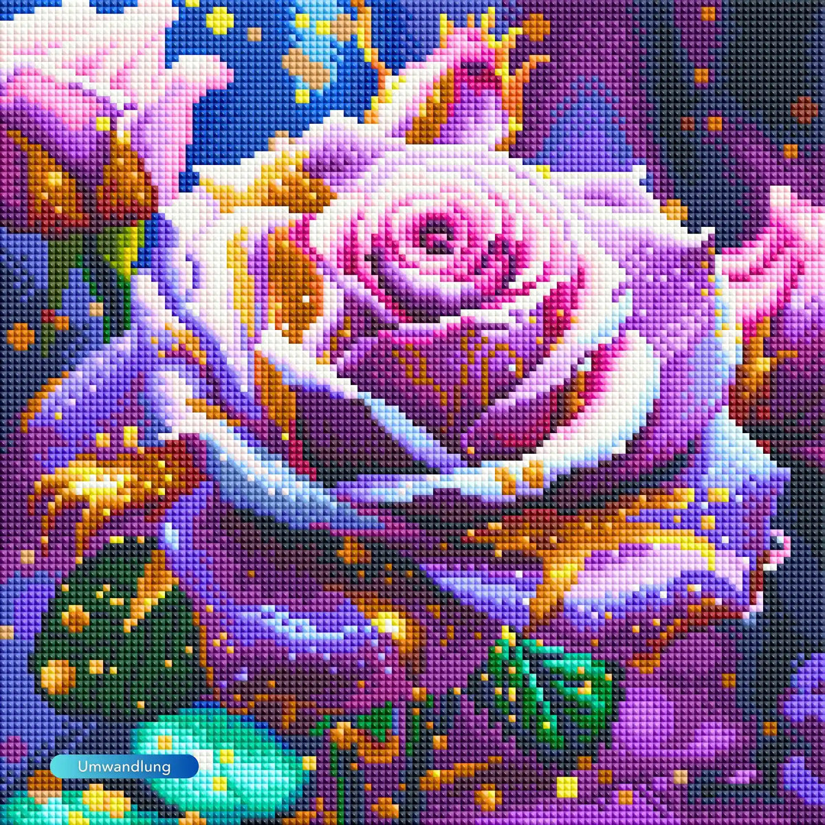 Diamond Painting Amethystrose mit funkelnden Goldakzenten und violetten Blüten in lebendigen Farben auf Leinwand.