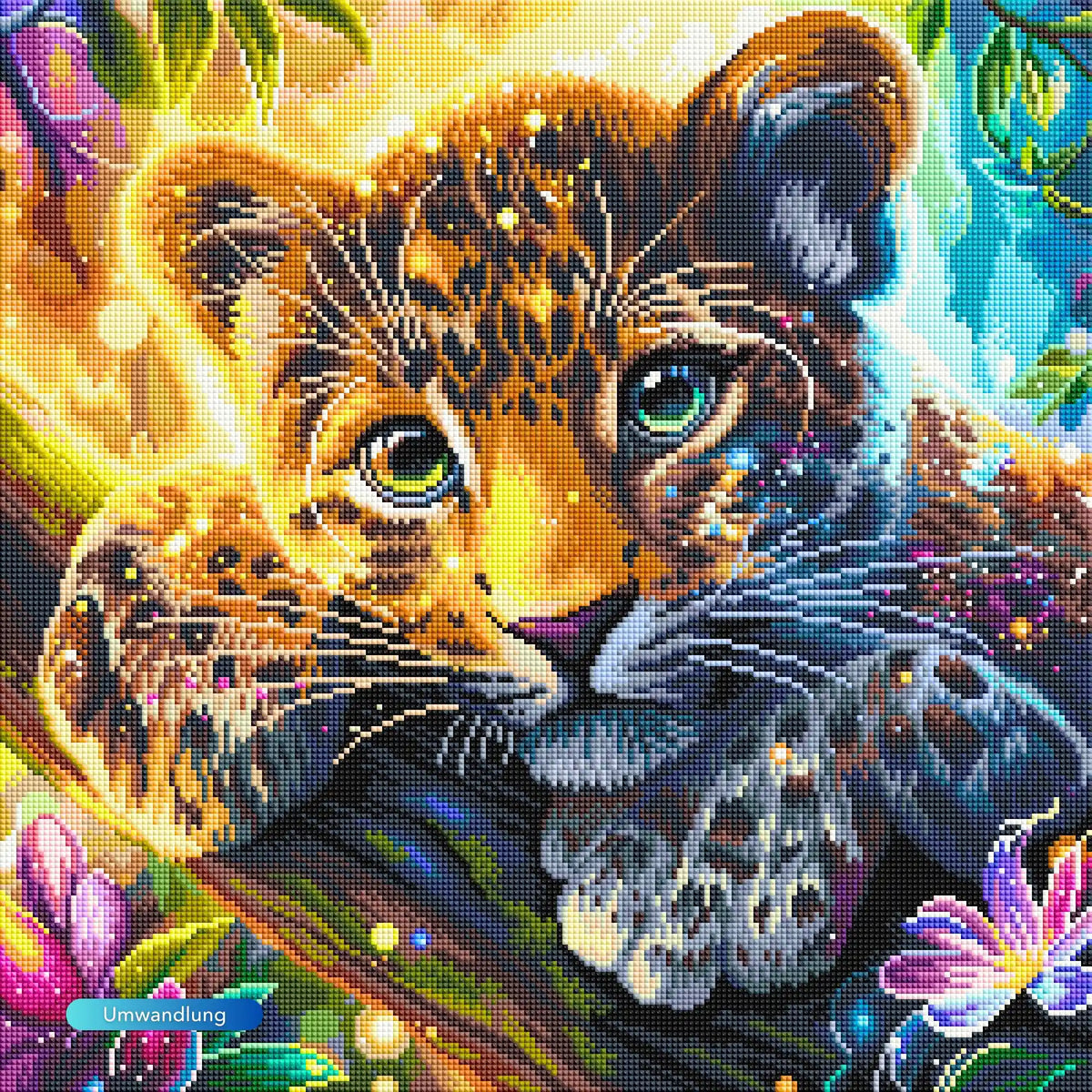 Diamond Painting Set mit süßem Leopardenbaby im Sonnenlicht, umgeben von bunten Blumen und funkelnden Steinen.
