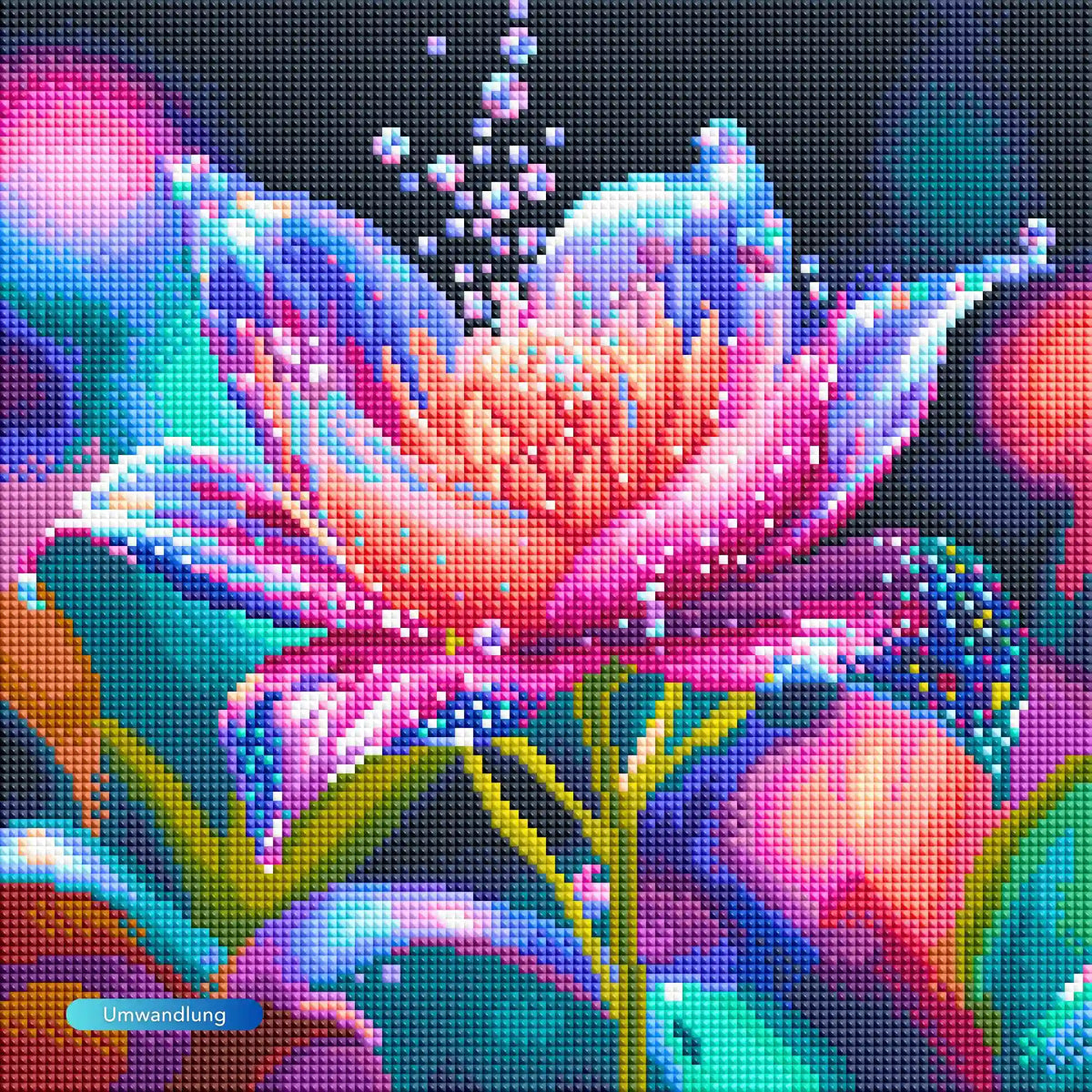 Diamond Painting Sternentau: Florales Motiv einer rosa Blume mit funkelnden Tautropfen und farbenfrohen Glitzersteinen