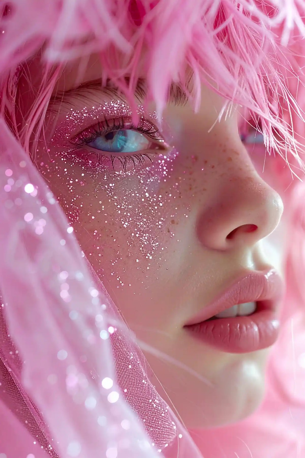 Diamond Painting Set Moni's Special Pink Dream: Porträt einer Frau mit pinkem Haar, Glitzer-Make-up und blauen Augen.