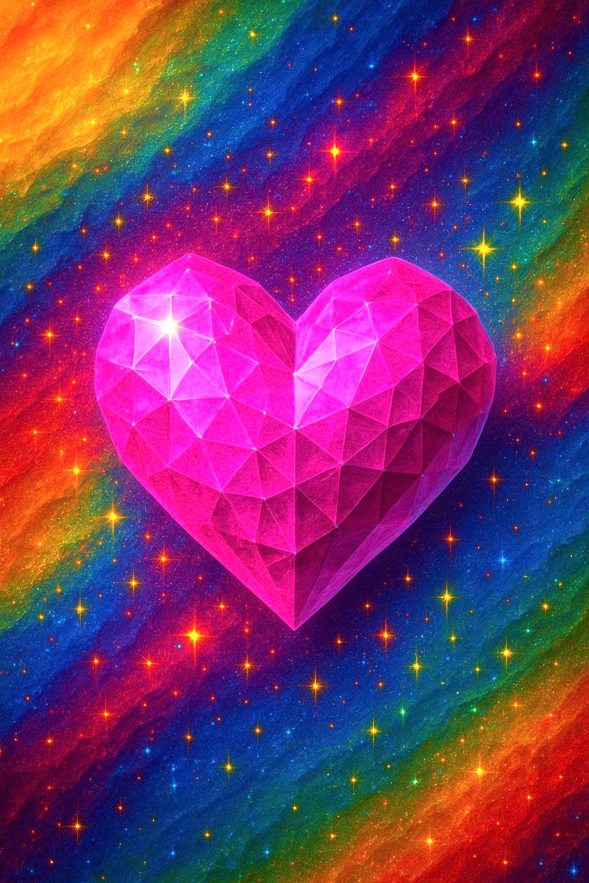 Diamond Painting Herzkristall: Funkelndes, facettiertes pinkes Herz vor einem bunten, magischen Sternenhimmel