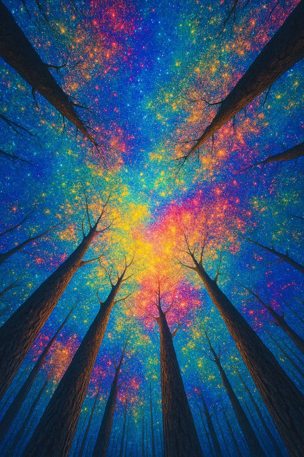 Diamond Painting Regenbogenwald mit bunten Glitzersteinen: Fantasy-Wald bei Nacht mit leuchtendem, farbenfrohem Himmel.