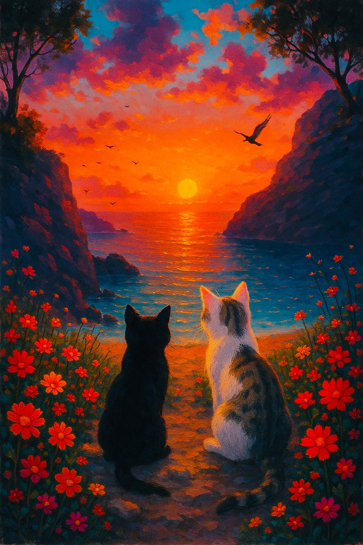 Diamond Painting Set Wir zwei Katzen: Zwei Katzen in Blumenwiese vor Sonnenuntergang am Meer für kreative Entspannung