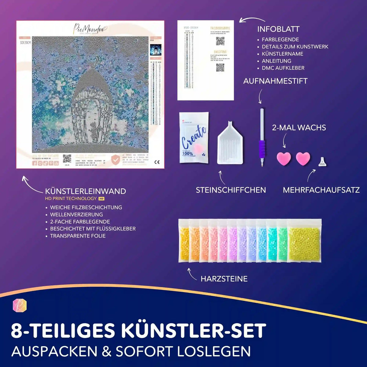 Diamond Painting Set Engel der vielen Lichter mit Leinwand, bunten 5D Steinen und Werkzeug für kreativen DIY-Spaß.