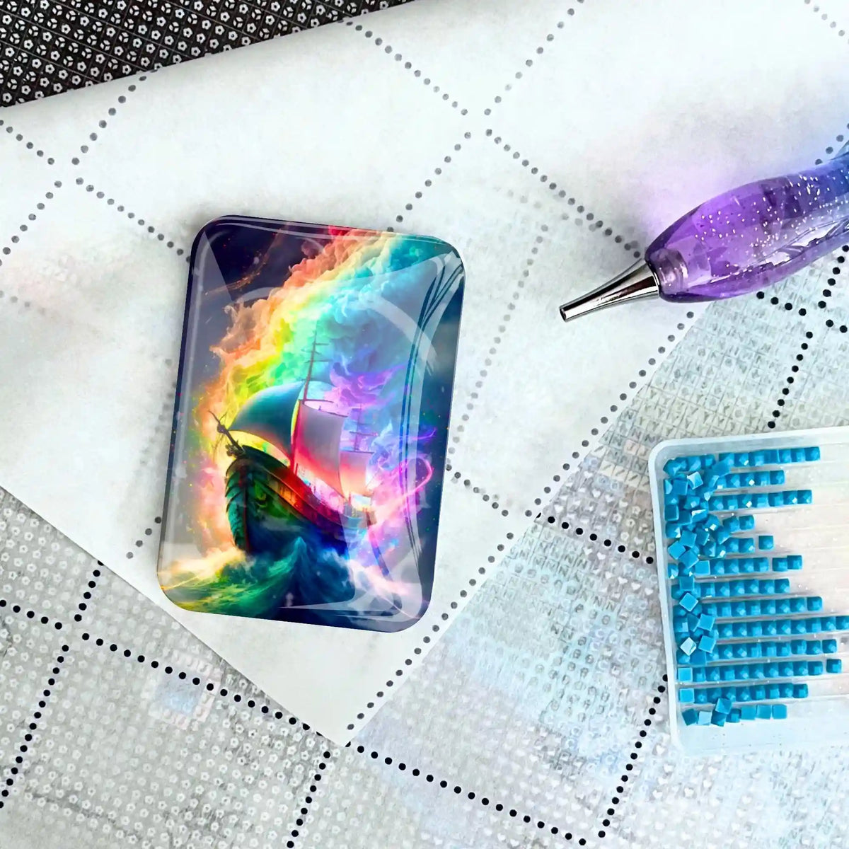 Glas Cover Minder mit Schiff-Motiv auf Diamond Painting Leinwand mit Glitzersteinchen und Stift