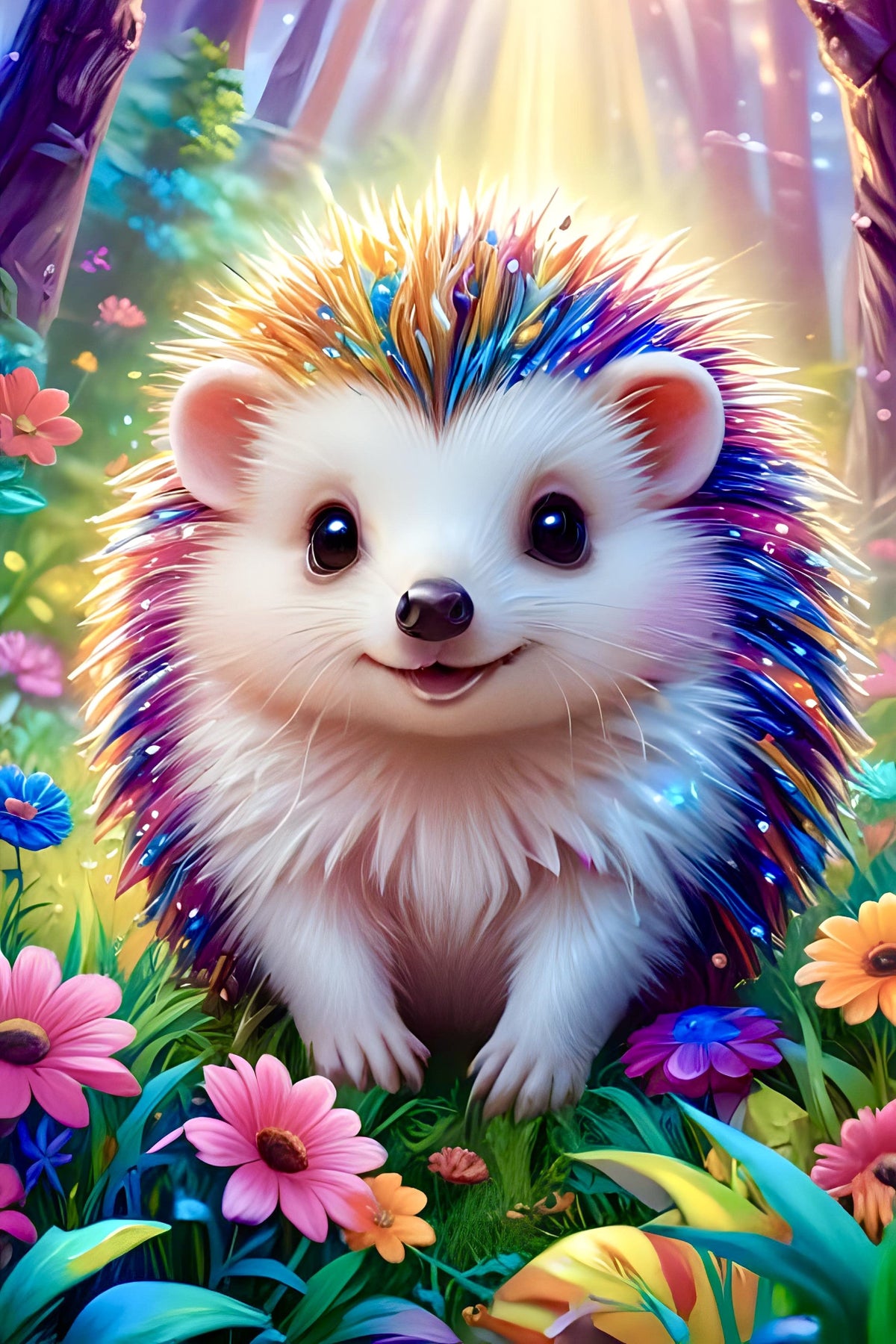 Buntes Diamond Painting Set Igel Stups mit glitzernden Steinen in einer bezaubernden Waldlandschaft mit blühenden Blumen.