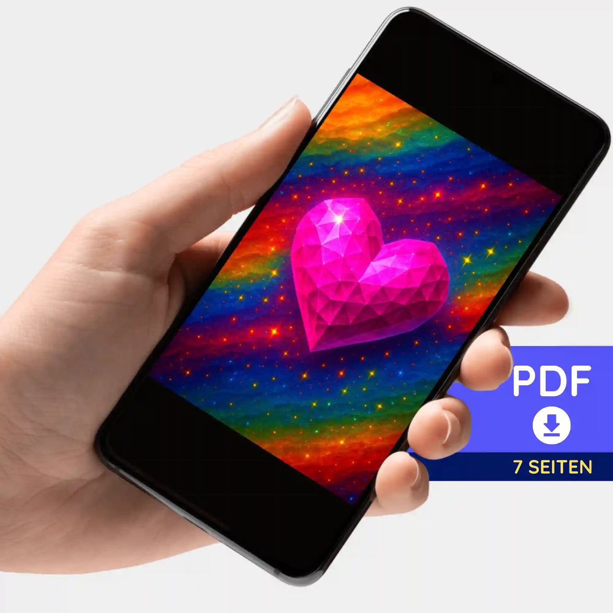 Digitale PDF-Bildmappe zum Diamond Painting mit buntem Herzkristall-Motiv auf einem Smartphone