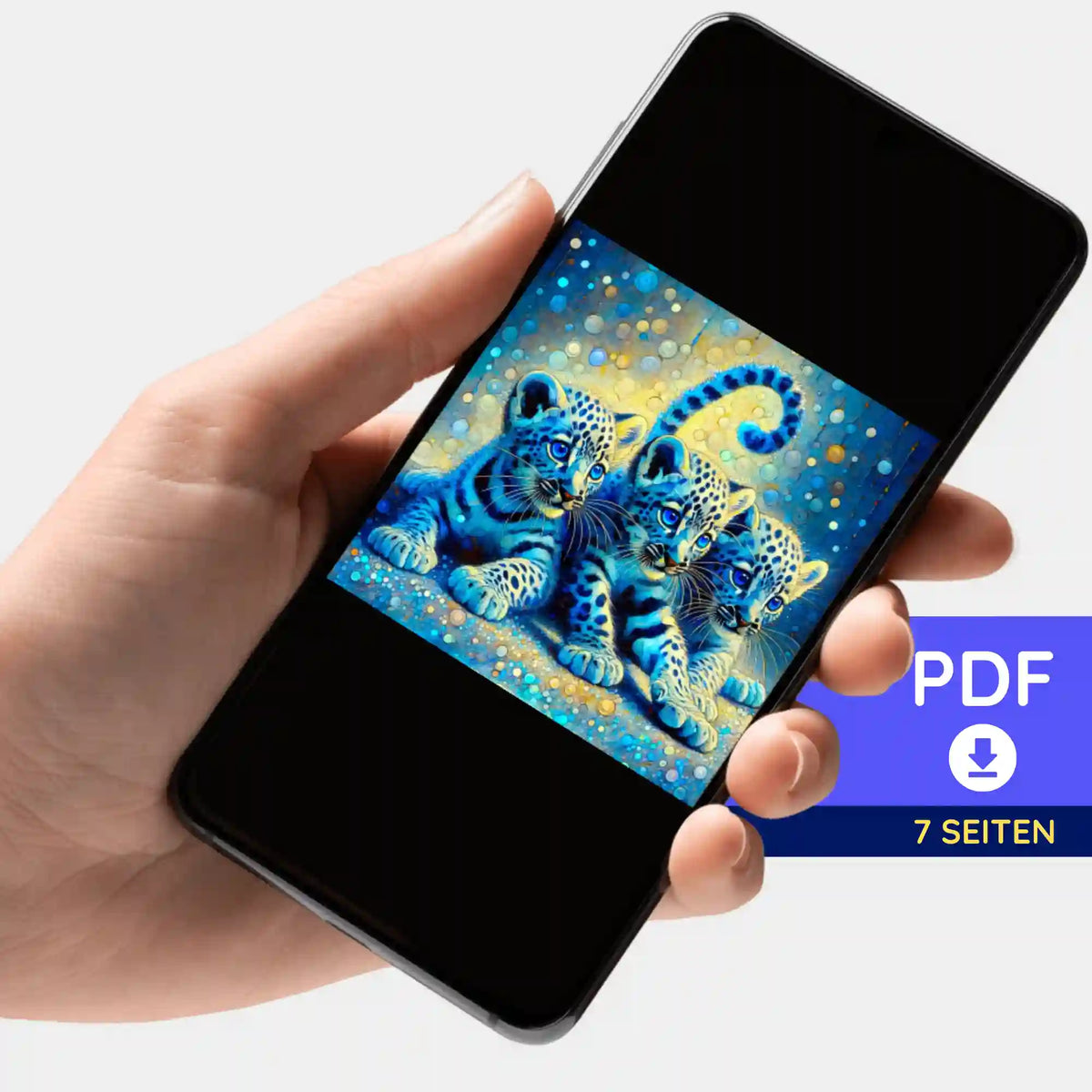Digitale PDF-Bildmappe mit Leopardenbabys als Vorlage für Diamond Painting oder Malen nach Zahlen auf Smartphone
