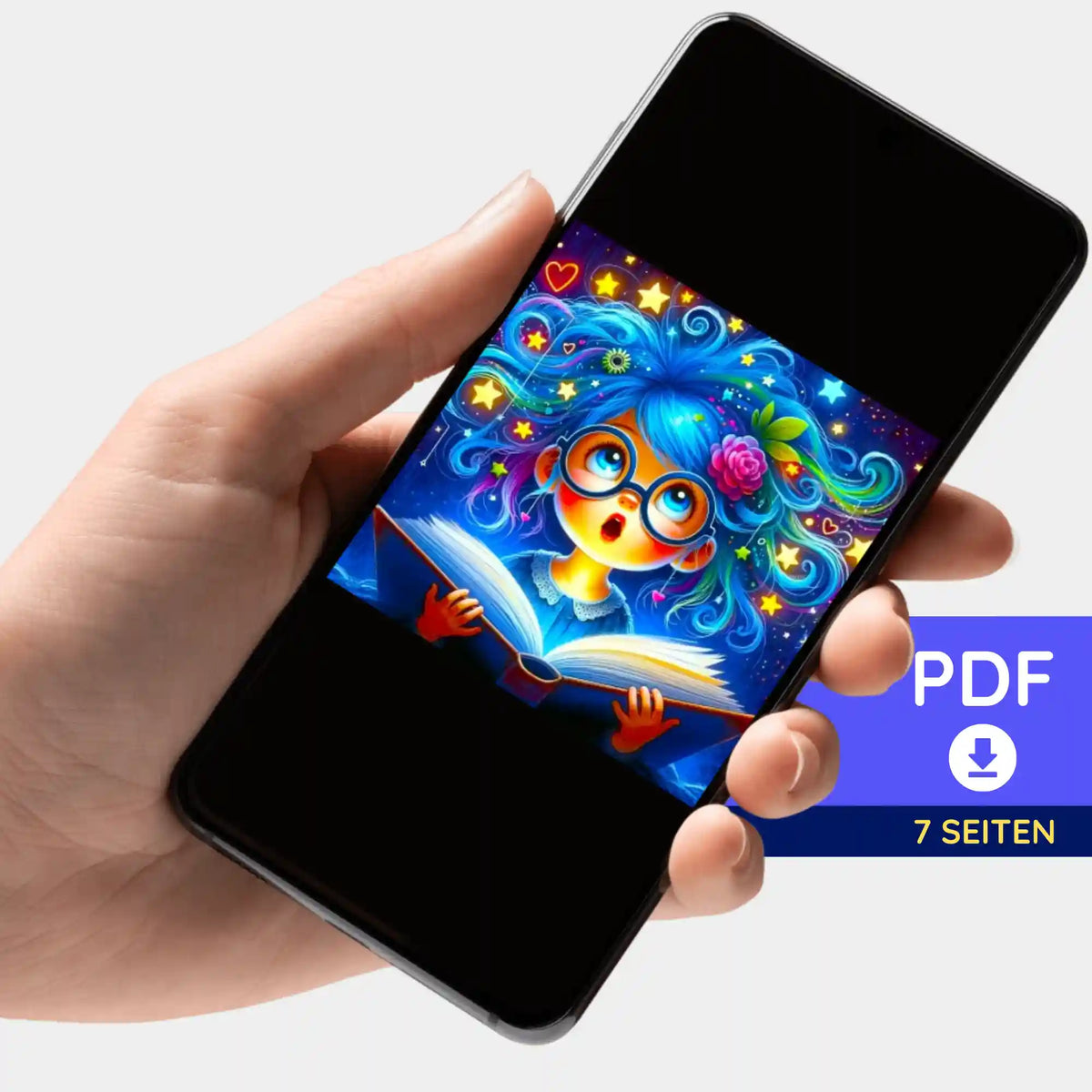 Digitale PDF-Bildmappe fürs Diamond Painting: Motiv Lesemaus Josephine auf Smartphone in der Hand gehalten
