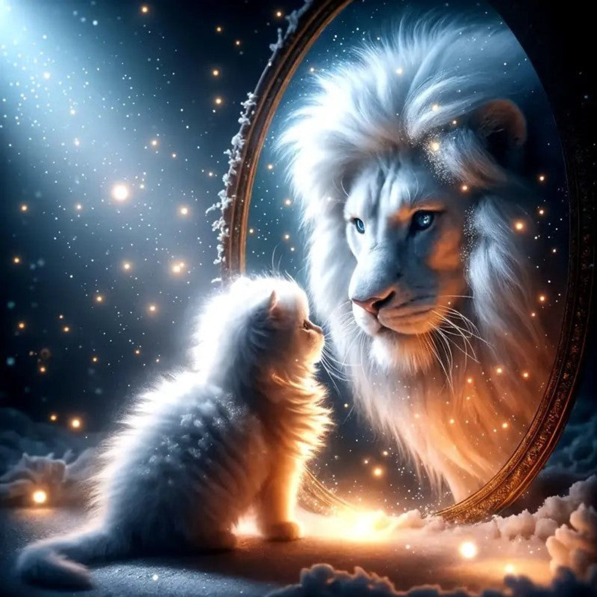 Diamond Painting Set eines kleinen Löwen, der im Spiegel einen majestätischen Löwen als sein Spiegelbild sieht.